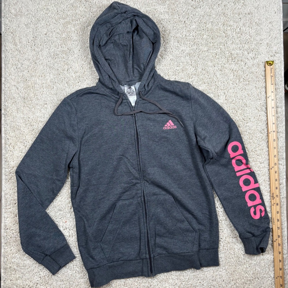 Adidas Gray Zip Up Hoodie Pink Logo‎ Sleeve Athletic Casual Women's M